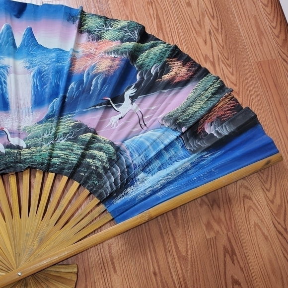 VINTAGE Large Fan 59x36 Handpainted Sky Scene Wal Art - Picture 8 of 16